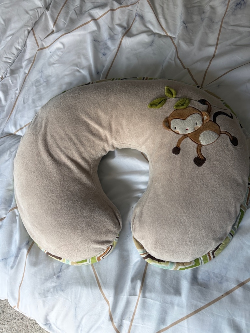 Boppy Beige Nursing Pillow with Monkey Embroidery